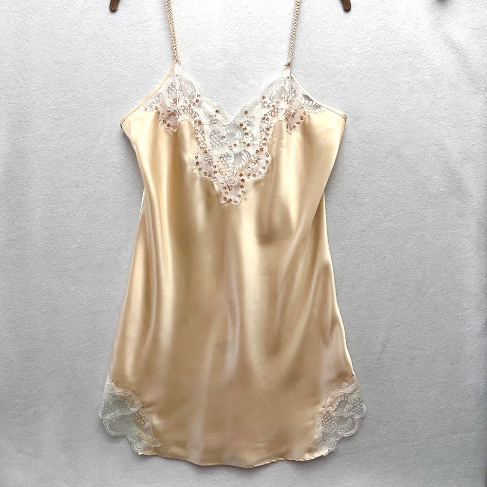 Vintage Delicates M Satin Lace Chemise Nighty Slip Dress Champagne Gold Sequin